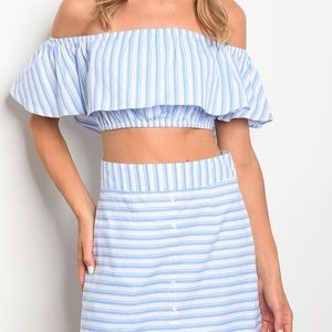 2-Piece Off Shoulder Skirt Set | White Light Blue Pinstripes | Ruffle Crop Top